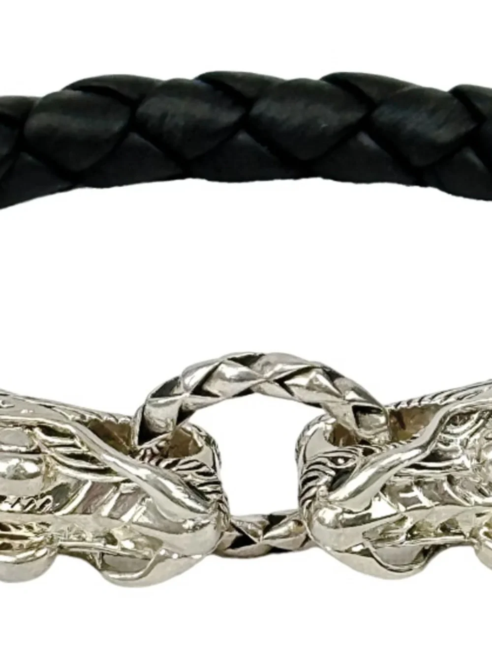 JOHN HARDY Sterling Silver Dragon Naga Woven Leather Bracelet Black Unisex 7”